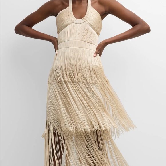 Baldwin Draped Fringe Halter Dress in Champagne - Picture 2 of 5